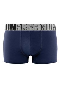 Boxers en coton bleu marine avec une ceinture logo grise portant le texte "FREE GUN" en noir, élastique pour le confort et l'ajustement.