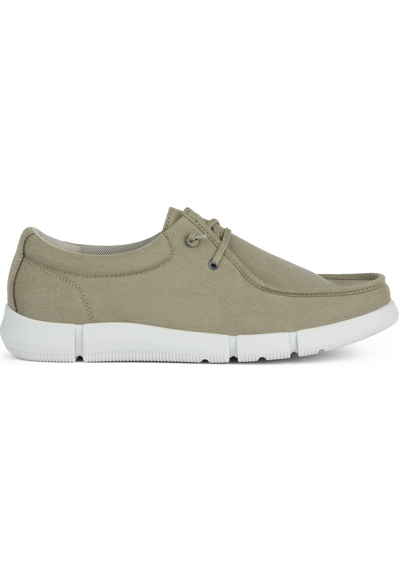 Chaussures en toile vert clair avec semelle en caoutchouc blanc, bout rond et lacets ajustables. Le design présente une texture lisse et des coutures discrètes.