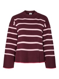 Maglione bordeaux con strisce orizzontali rosa. Collo tondo, polsini e orlo a coste. Presenta un design corto con rifiniture rosa.