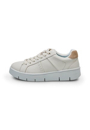 White leather sneaker with a minimalist design, featuring a beige suede accent at the heel and a grey rubber sole. Lace-up closure.