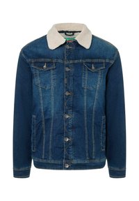 Denim jacket in dark blue with a cream shearling collar. Features visible stitching, buttoned front, and two chest pockets.
