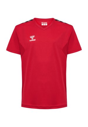 Rotes Kurzarm-Jersey aus atmungsaktivem Material. V-Ausschnitt-Design mit schwarzen Akzenten an den Schultern und Logo auf der linken Brust. Glatte Textur.