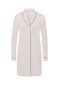 Camicia a maniche lunghe rosa chiaro con chiusura a bottoni, colletto pronunciato e piping nero lungo i bordi e i polsini. Tessuto morbido.
