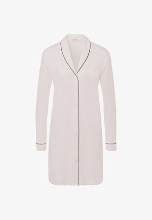 Helles rosa Langarmhemd mit durchgängiger Knopfleiste, ausgeprägtem Kragen und schwarzen Paspeln entlang der Kanten und Bündchen. Weicher Stoffe.