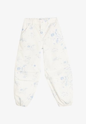 Hvide bukser med blomstermønster og lyseblå accenter, elastiske manchetter og knaplukning. Fremstillet af blødt, let stof.