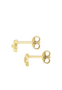 Gold-tone stud earrings with a simple design featuring a round shape and butterfly clasp, smooth surface, and polished finish.