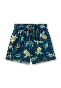 Schwimmshorts mit einem dunkelblauen Hintergrund und bunten Meeresschildkröten-Prints. Hergestellt aus leichtem Stoff mit elastischem Bund und Kordelzug.