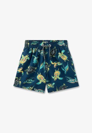 Schwimmshorts mit einem dunkelblauen Hintergrund und bunten Meeresschildkröten-Prints. Hergestellt aus leichtem Stoff mit elastischem Bund und Kordelzug.
