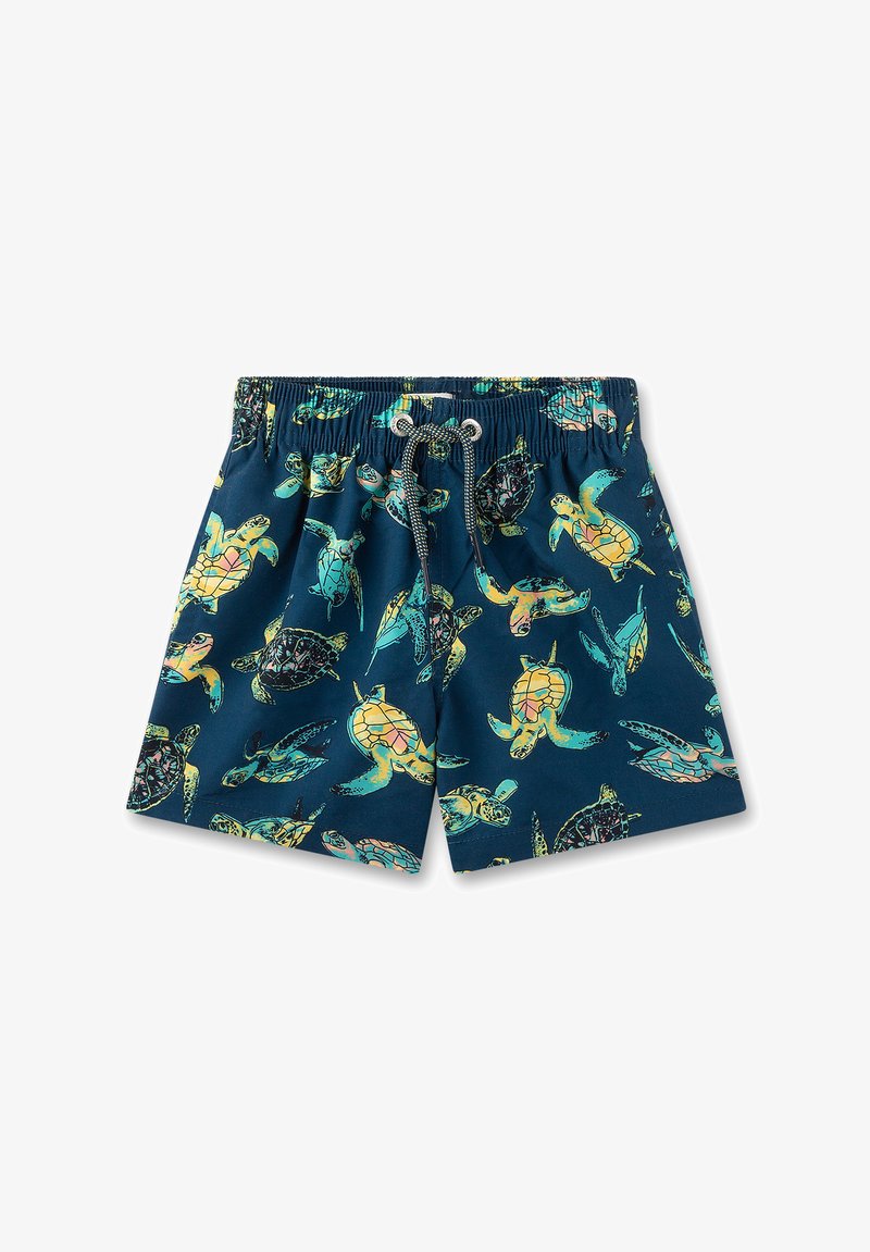 Schwimmshorts mit einem dunkelblauen Hintergrund und bunten Meeresschildkröten-Prints. Hergestellt aus leichtem Stoff mit elastischem Bund und Kordelzug.