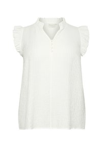 Vit kortärmad blus med en knappslå, något volangiga ärmar och en texturerad, skrynklig tyg. Rund halsringning.