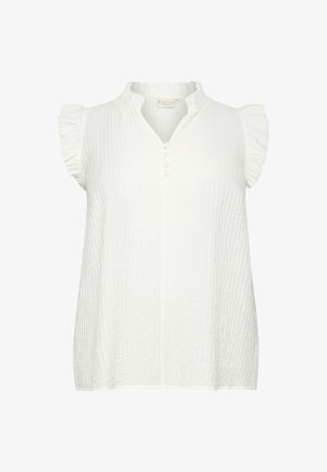 Bluză albă cu mâneci scurte, cu un detaliu cu nasturi, mâneci ușor volanate și un material texturat, plisat. Guler rotund.