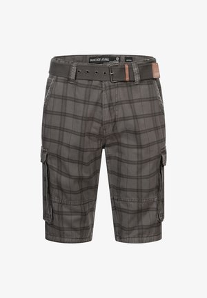 Grå rutete cargo shorts med en glatt tekstur, med sidelommer og et kontrasterende brunt belte med logo.