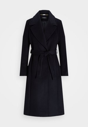 Navy wool-blend coat with a wide lapel, belted waist, long sleeves, and a straight cut. Features a smooth texture and minimal detailing.