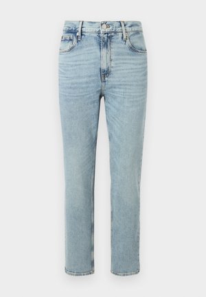 Lichtblauwe denim jeans met een rechte pasvorm, voorzien van een hoge tailleband, een vijf-pocket ontwerp en subtiele vervaging in de stof.