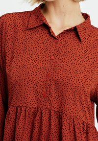 Blůza v rezavé barvě s černým tečkovaným vzorem, košilový límec a červené knoflíky. Obsahuje řasené detaily v pase.