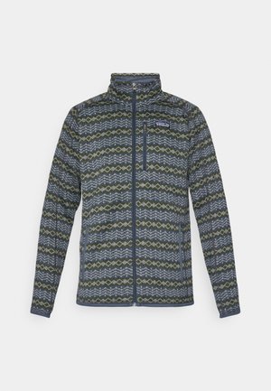 Miestenska fleecová bunda na zips s modro, sivou a zelenou geometrickou potlačou a zipsovou náprsní kapsou, logo Patagonia na hrudi.