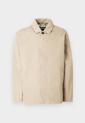 Beige lichtgewicht jack met een kraag, knoopsluiting aan de voorkant, twee zijzakken en een geruite voering.