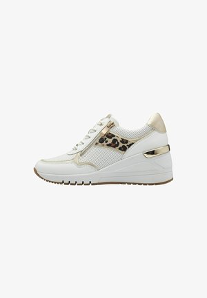 White sneaker with leopard print accents, gold hardware, and perforated texture. Features a wedge heel and lace-up design.