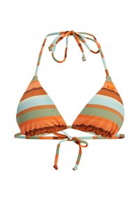 Triangulär bikiniöverdel med orange, turkos och brun randning, tillverkad av ribbat tyg. Har justerbara snören i nacken och bak.