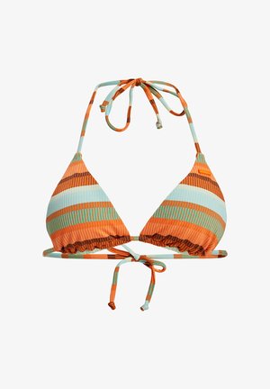 Triangular bikini top with orange, teal, and brown stripes, made of ribbed fabric. Features adjustable ties at the neck and back.