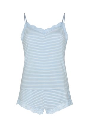 Hellblau-weiß gestreiftes Damen-Schlafanzugset aus Satin mit Spitzenabschluss, bestehend aus einem Camisole-Top mit dünnen Trägern und passenden Shorts.
