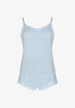 Hellblau-weiß gestreiftes Damen-Schlafanzugset aus Satin mit Spitzenabschluss, bestehend aus einem Camisole-Top mit dünnen Trägern und passenden Shorts.