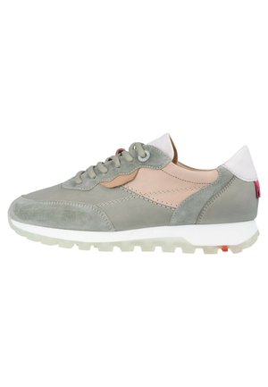 Gray suede sneaker with pink leather accents, lace-up design, rounded toe, and a white, textured outsole with red detail at the heel.