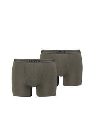 Levi's herre boxershorts i olivengrøn, der har et blødt stof, elastisk talje med sort logo og formtilpasset design. To par vist.