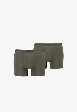 Levi's férfi boxer nadrág olajzöld színben, puha anyagból készült, elasztikus derékpánt fekete logóval és testhezálló kialakítással. Két pár látható.