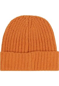 Căciulă tricotată portocalie cu o textură cordonată, având un tiv pliat și o ajustare strânsă, potrivită pentru a oferi căldură în vreme rece.