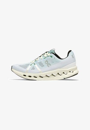 Light blue running shoe with a mesh upper, contrasting black heel, reflective accents, and a distinctive cushioned sole with cutouts.