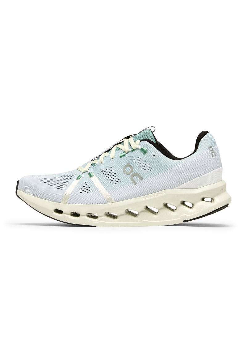Light blue running shoe with a mesh upper, contrasting black heel, reflective accents, and a distinctive cushioned sole with cutouts.