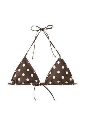 Top bikini maro în formă de triunghi cu buline albe, prevăzut cu bretele subțiri reglabilă la gât și spate.