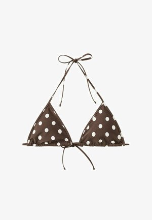 Brown triangle bikini top with white polka dots, featuring thin adjustable neck and back ties.