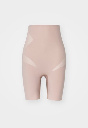 Nude high-waisted shaping shorts made of stretchy fabric, featuring a smooth surface and open crotch design.