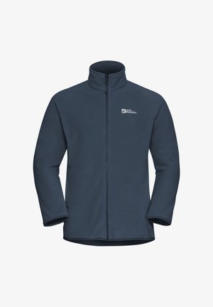Fleecejacke in Marineblau mit hohem Kragen, durchgehendem Reißverschluss und langen Ärmeln. Verfügt über ein kleines Logo auf der linken Brust. Weicher, strukturierten Stoff.