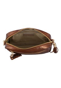 Hnědá metalická kožená kabelka se zipovým uzávěrem, vnitřek podšitý béžovou tkaninou, obsahuje zlaté kovové detaily a malou třásničku.