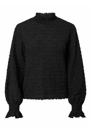 Czarna bluzka z długim rękawem, z wysokim, falbankowym kołnierzem i ściąganymi mankietami. Tkanina o fakturze z marszczonym wzorem na całej powierzchni.