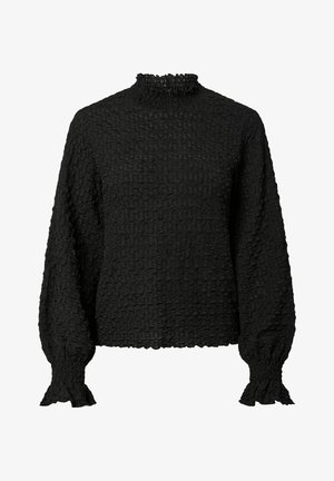 Crna bluza s dugim rukavima, visokim naboranim ovratnikom i elastičnim manžetama. Tkanina je teksturirana s naboranim uzorkom po cijeloj površini.