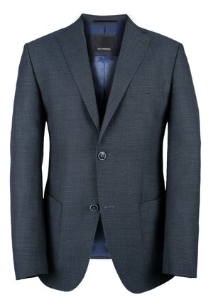 Marineblazer van textuurstof, met twee knopen, notch revers en een zak. Binnenvoering heeft een stippenpatroon.