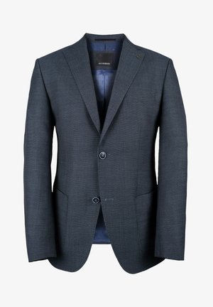 Marineblazer aus strukturiertem Stoff, mit zwei Knöpfen, Spitzrevers und einer Tasche. Das Innenfutter hat ein gepunktetes Muster.