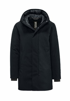 Cappotto isolato nero con cappuccio, caratterizzato da un esterno liscio, apertura con zip, tasche laterali e polsini elasticizzati. L'interno è foderato in materiale lucido.