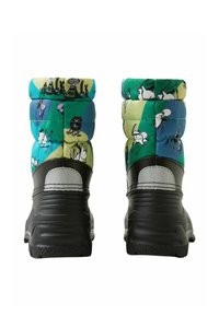 Kolorowe materiałowe buty sięgające za kostkę mają wyściełaną, pikowaną cholewkę z niebieskimi i zielonymi wzorami. Czarna gumowa podeszwa zapewnia trwałość i przyczepność.
