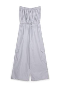 Jumpsuit grigio chiaro con scollatura elasticizzata senza spalline, vita con cordoncino e due tasche laterali. Realizzato in un tessuto liscio e leggero.