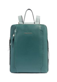 Zaino in pelle color verde acqua con spallacci regolabili, tasca frontale con cerniera e design minimalista. Presenta un logo del marchio discreto sulla parte anteriore.