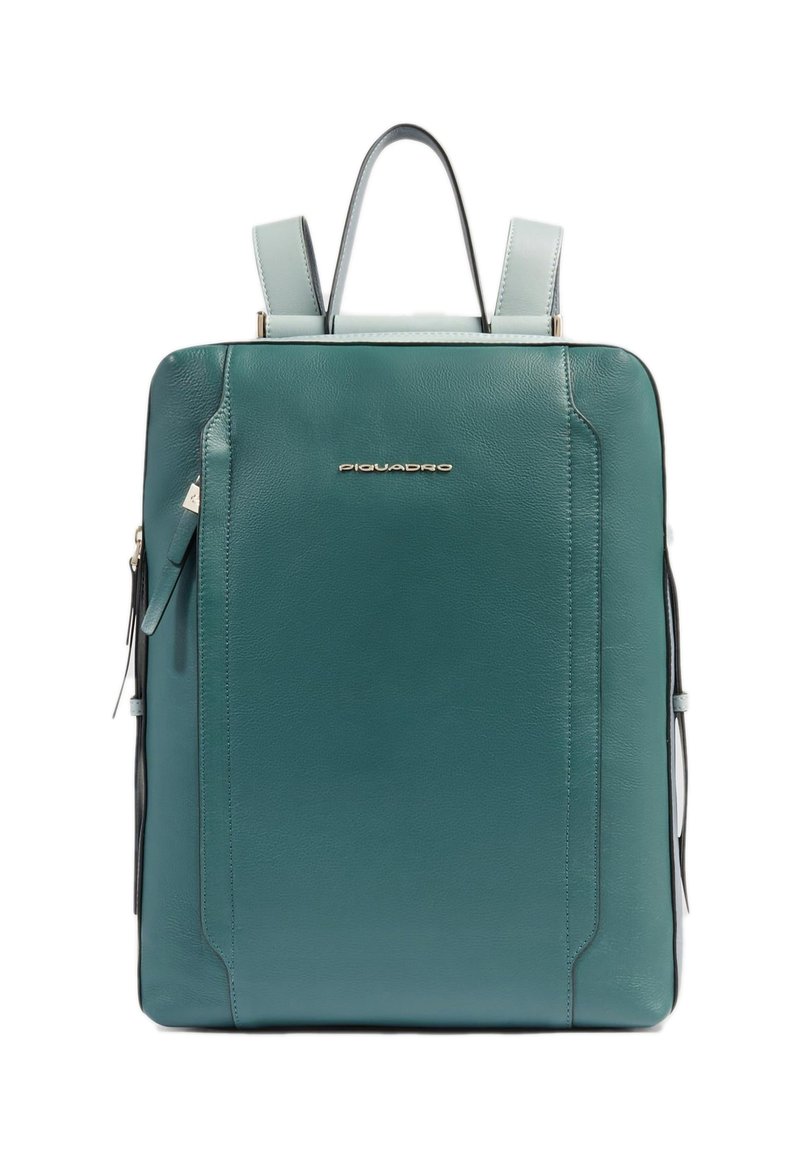 Zaino in pelle color verde acqua con spallacci regolabili, tasca frontale con cerniera e design minimalista. Presenta un logo del marchio discreto sulla parte anteriore.