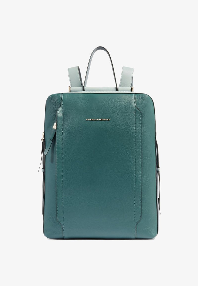 Zaino in pelle color verde acqua con spallacci regolabili, tasca frontale con cerniera e design minimalista. Presenta un logo del marchio discreto sulla parte anteriore.