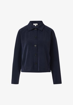 Navy blue long-sleeve button-up jacket with collar, five black buttons, and a slightly cropped fit.