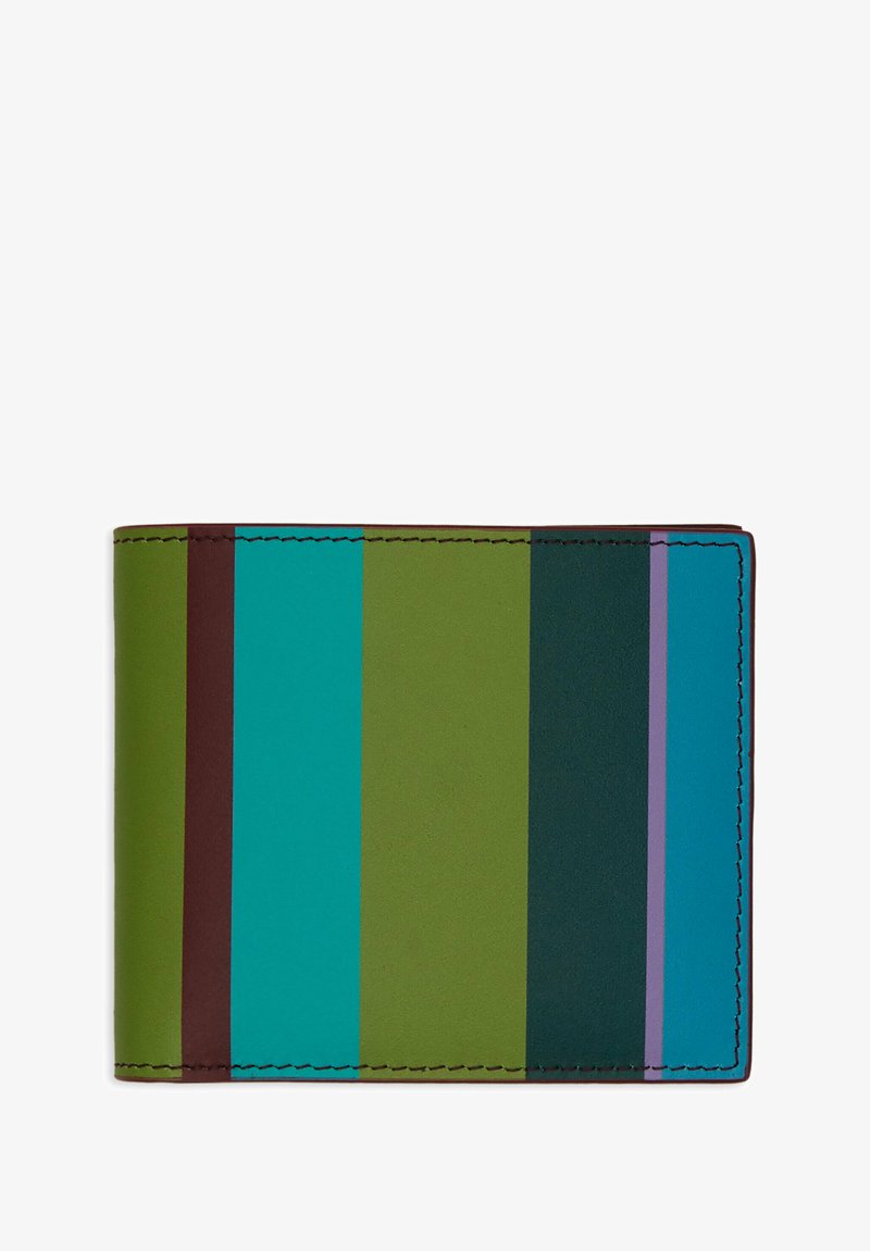 Portafoglio in pelle con strisce verticali in verde, teal e marrone. Texture liscia con cuciture a contrasto e un design elegante.