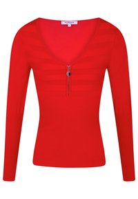 Rode langesleeve top met een V-hals en een ritssluiting aan de voorkant. Gemaakt van ribbelstof met horizontale strepen op het bovenste gedeelte.